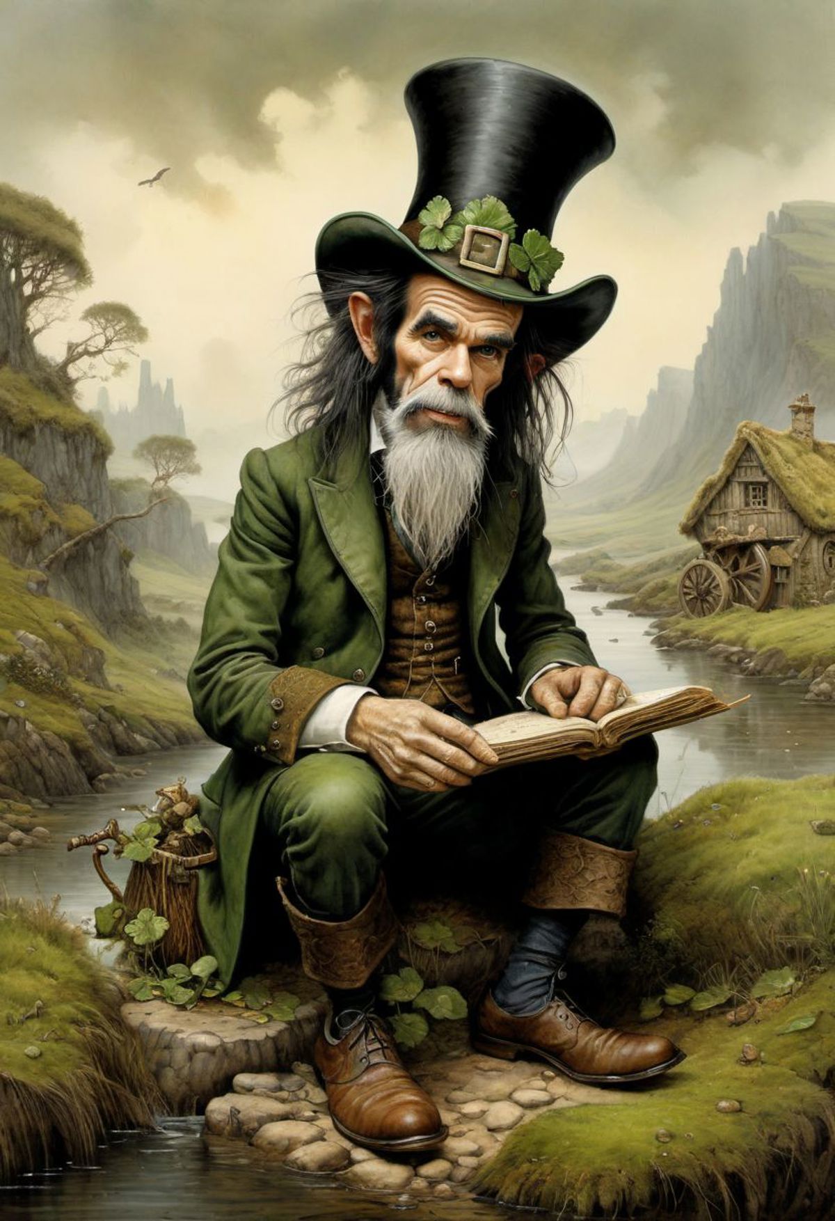 (masterpiece, best quality, ultra-detailed), Nick Cave as an old leprechaun, by Jean-Baptiste Monge, Irish landscape, Celt...